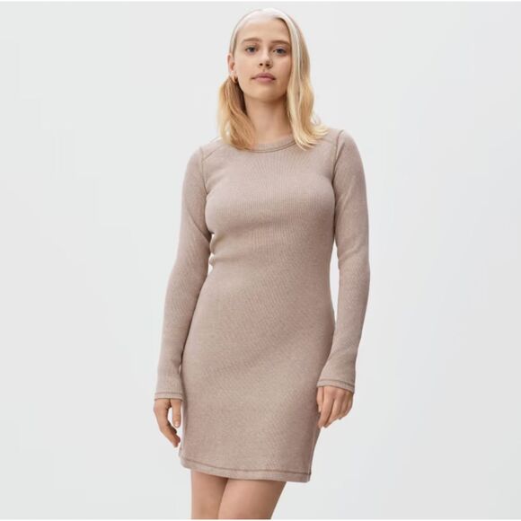 EVERLANE The Ribbed Mini Dress Size XL Heathered Oat Crew Neck Bodycon NWT B37 - Picture 1 of 6